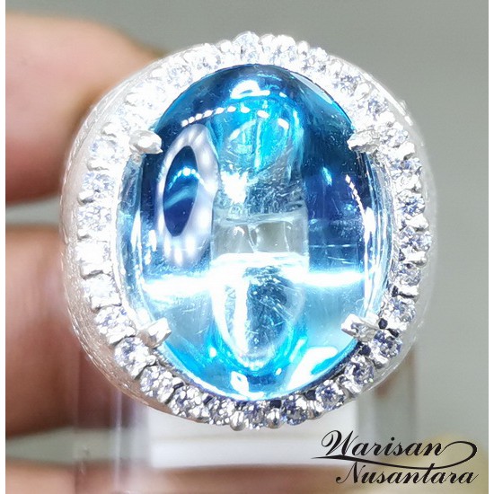 Batu Cincin Topaz Biru Laut Bersertifikat Asli