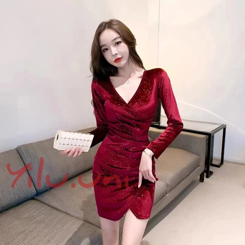 MD19/199 Velvet mini dress lengan panjang v neck blink blink / korean sexy bodycon dress / dress pesta / dress malam