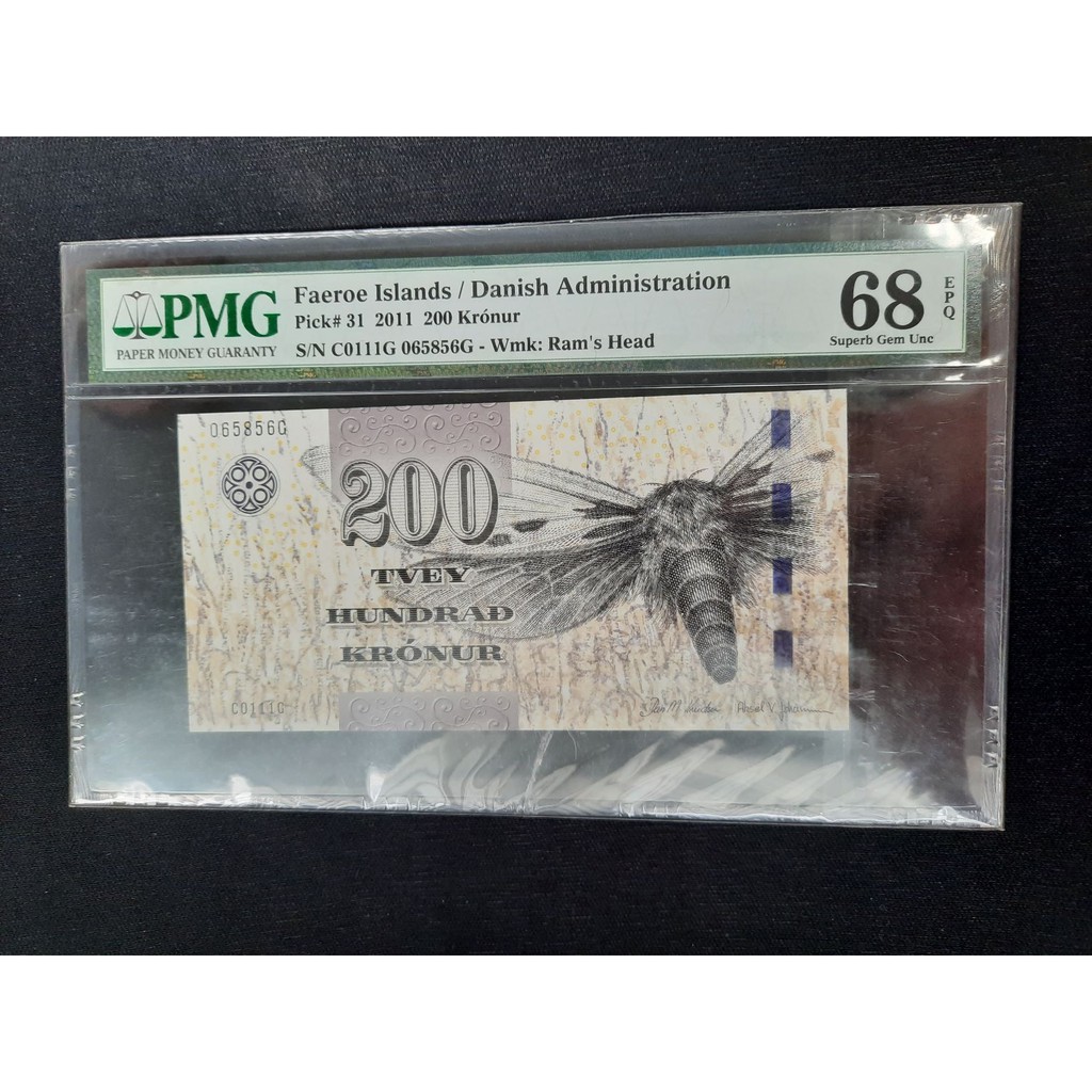 PMG 68 EPQ Faeroe Islands (Danish Administration) 200 Kronur. Score Tinggi. PMG 68 EPQ Nomor 0102