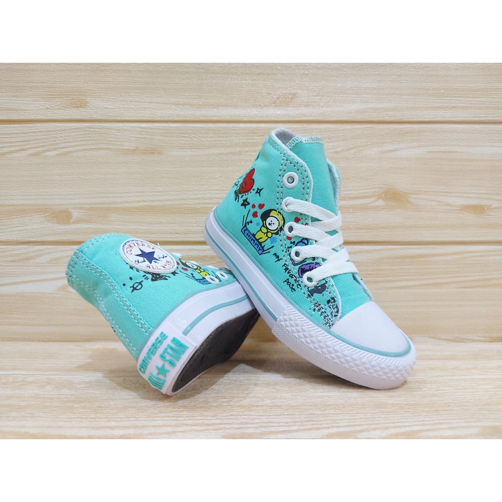 SEPATU SNEAKERS ANAK PEREMPUAN | SEPATUA ANAK PEREMPUAN | SEPATU ANAK USIA 1 2 3 4 5 6 7 | SEPATU ANAK KARAKTER BTS/BT21 WARNA HIJAU TOSCA SIZE 21-35