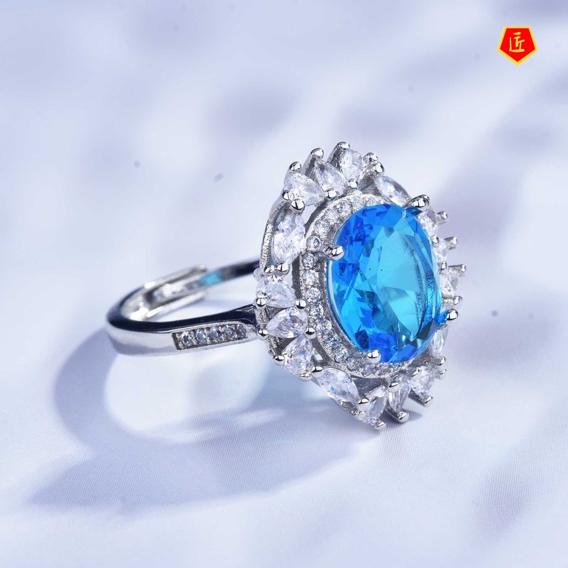 [Ready Stock]Luxury Full Diamond Natural Blue Topaz Ring