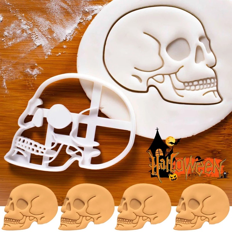 Cetakan Adonan Kue Cookie Desain Kepala Tengkorak Halloween Model Emboss DIY