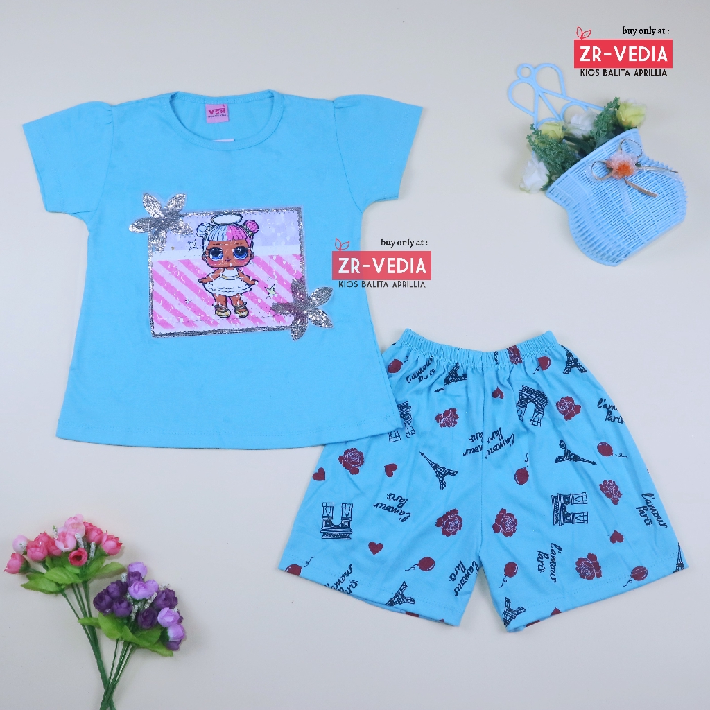 Setelan Queena uk 1-6 Tahun / High Quality Baju Anak Perempuan Lengan Kartun Pendek Cewek Kaos Usap