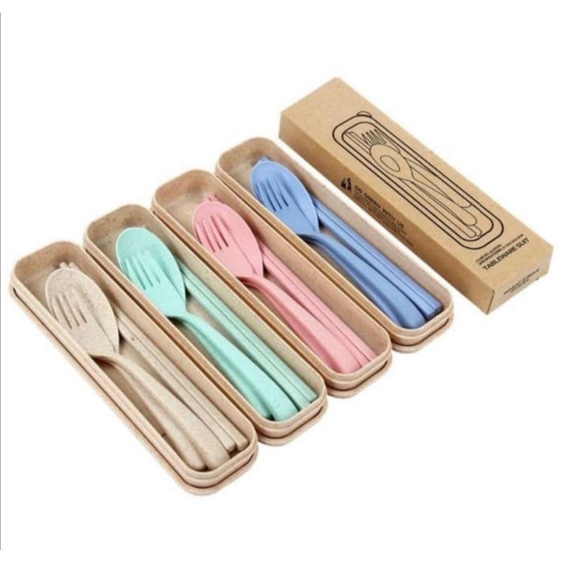 Sendok Garpu Sumpit set jerami cutlery alat makan set Traveling