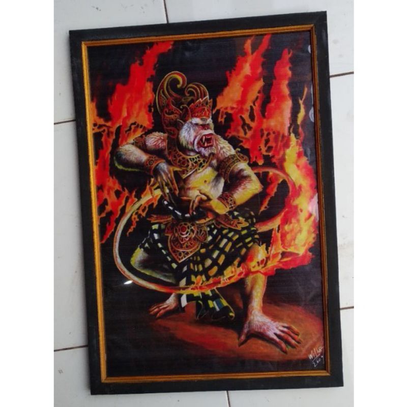 Hiasan dinding lukisan cetak Anoman obong uk 65×45 plus bingkai.