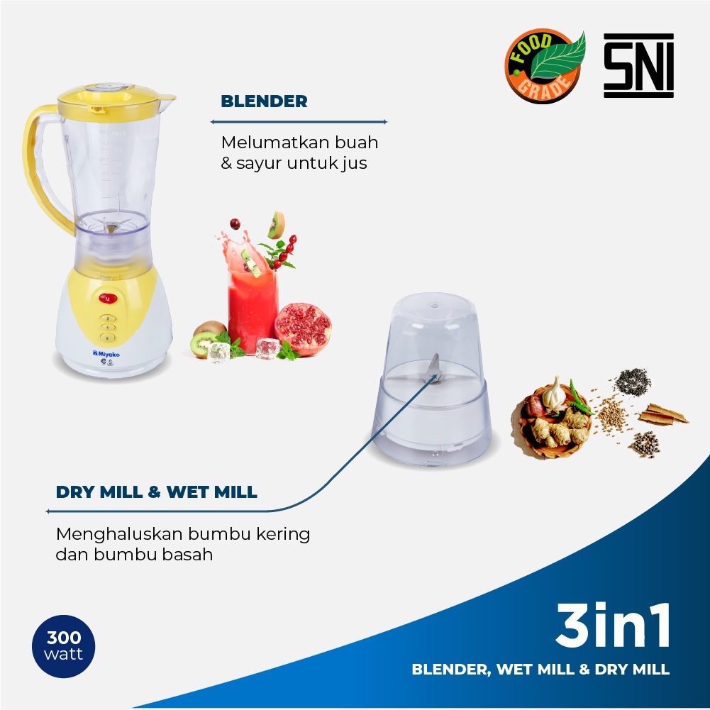 Blender Miyako BL 211 PLY Plastik 1,5 L Pelumat 2 in 1 Juicer Kuning Penghalus Bumbu Blender Plastik Miyako