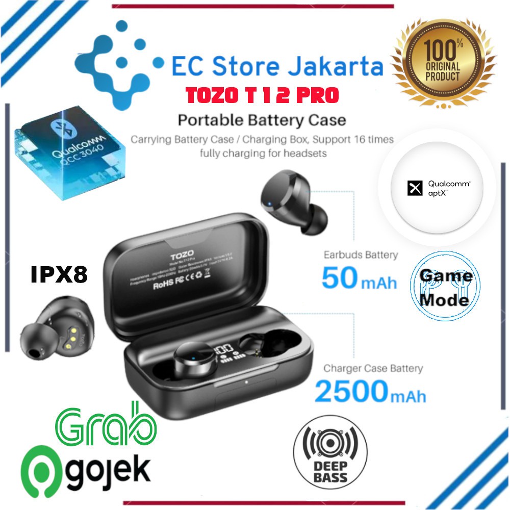 TOZO T12 TWS Wireless Earbuds Bluetooth Headphones Wireless Charging IPX8