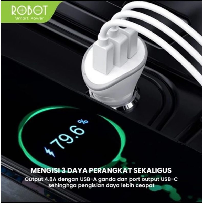 ROBOT RT-C08 Car Charger Colokan Mobil - 3 Port USB &amp; Type C