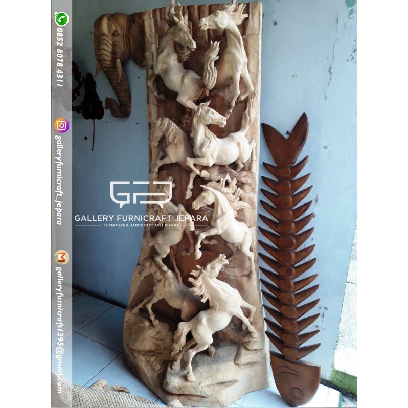 Patung Relief 8 Kuda Berdiri Suar Wood Solid Gratis Ongkir