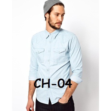 Kemeja Chambray Denim Polos Lengan Panjang Lengan Pendek