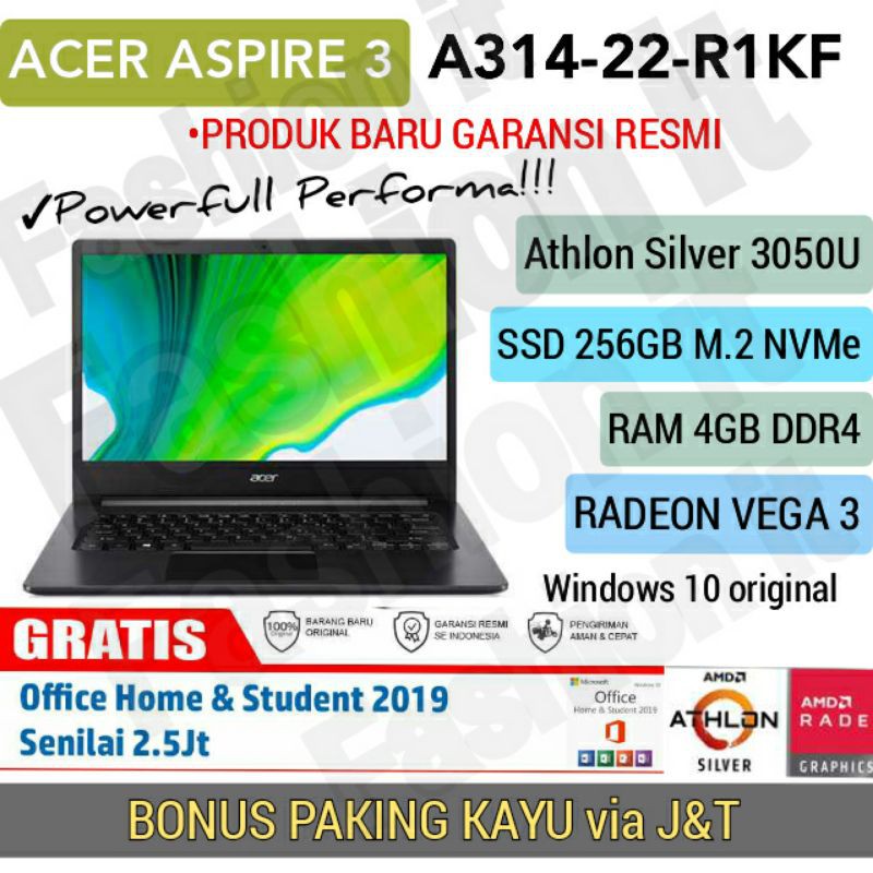 LAPTOP ACER ASPIRE 3 A314-22- AMD ATHLON SILVER 3050U-4GB-SSD 256GB- 14inch FHD