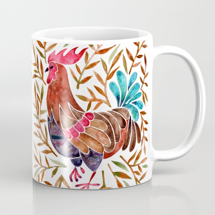 Mug le coq watercolor rooster with sepia leaves