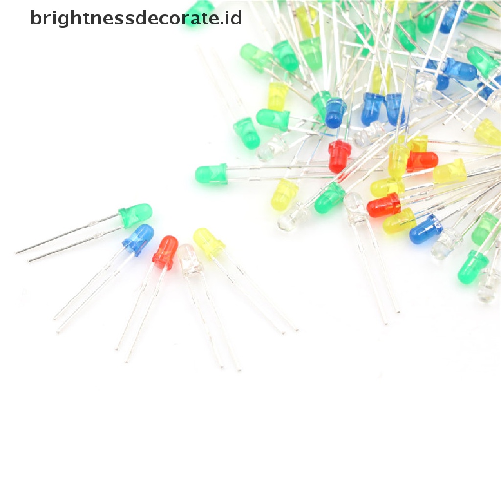 100 Pcs / Set Dioda Pemancar Cahaya Led 3mm Warna Merah Hijau Putih Biru Kuning 20ma 2 Pin