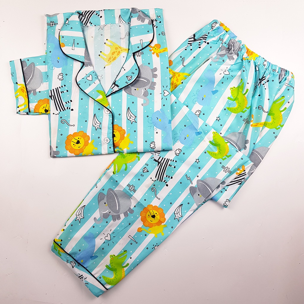 Stelan Baju Tidur Piyama Dewasa Lengan Panjang All Size Motif Lumina-PPL LION STRIP TOSCA