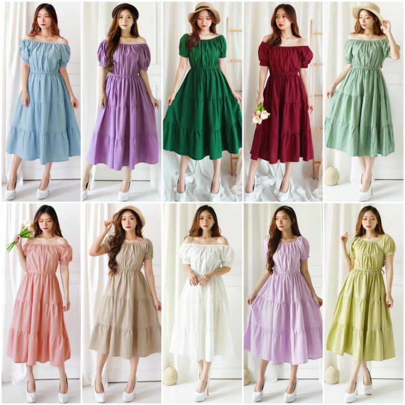 ❣️ SPECIAL PRICE ♡ PREMIUM ♡ ORIGINAL ! NANCY VINTAGE PLAIN 2 WAYS SABRINA TRAP LAYER FLARE LONG MIDI RUFFLE DRESS