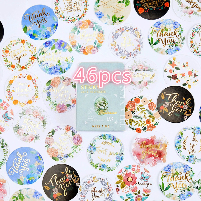 Round Golden Thank You Retro Style DIY Paper Sticker Flower Girls Boys Sticker