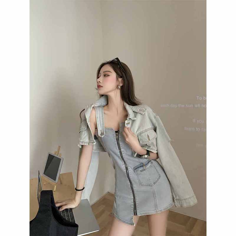 gaun gaya korea ritsleting v-neck strap dress pekerja saku kecil a-line rok pendek wanita