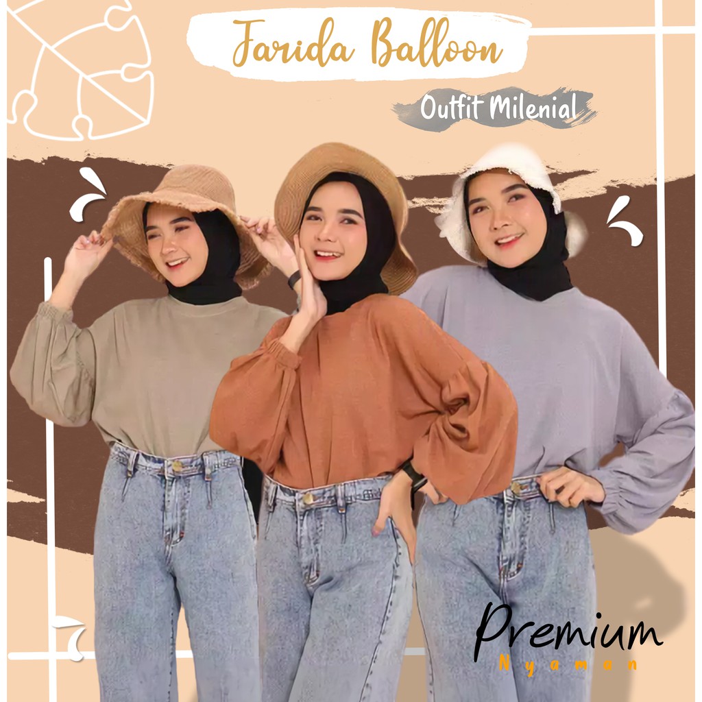 Baju Atasan Muslim Blouse Lengan Balon Wanita Remaja Panjang Terbaru Polos Ootd Kekinian Murah
