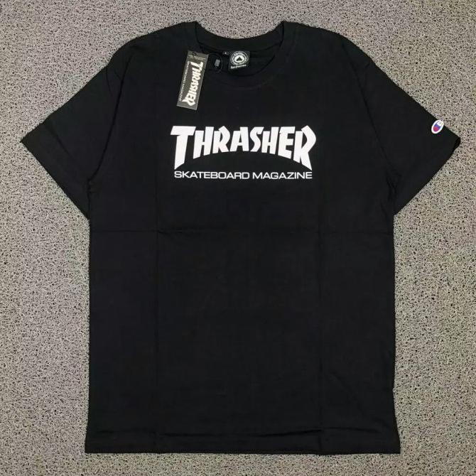 TSHIRT THRASHER X CHAMPION BLACK & WHITE AUTHENTIC PREMIUM