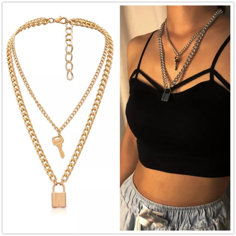 Kunci Antik Kunci Unisex Liontin Kalung Kalung Liontin Kunci Lapisan Ganda Punk Emas Perak