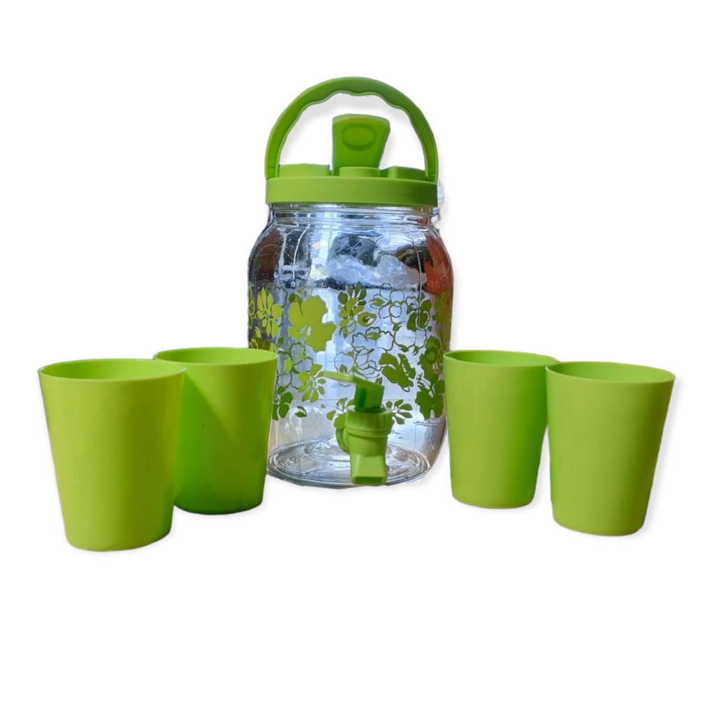 Drink Jar Set Gelas / Drink Jar Set Ukuran 2.5 Liter Isi 5 Pcs / Set Dispenser Mini 2,5 Liter Dan Empat Gelas