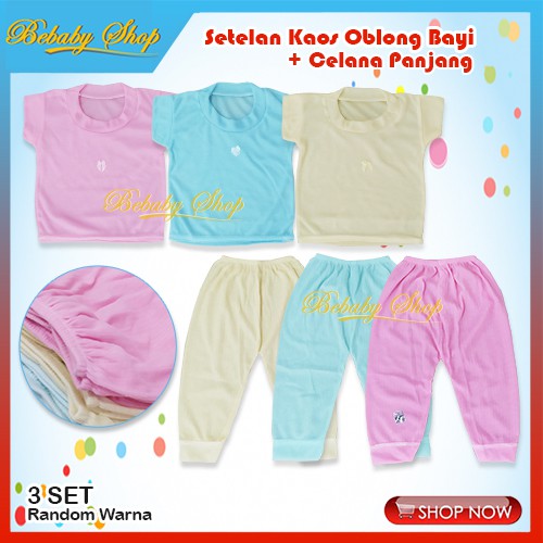 3 Set Setelan Kaos Oblong Bayi dan Celana Panjang Bayi Murah 0-6 bulan Pink Kuning Biru