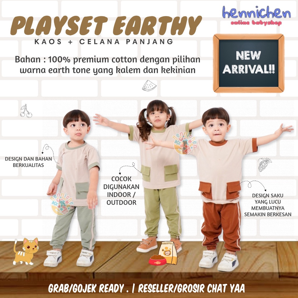 Playset Anak Earthy Series Setelan Kaos Pendek Celana Panjang Nyaman Gaya Bahan Premium