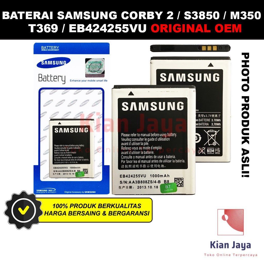 Baterai Samsung Corby 2 S3850 S3853 M350 SEEK T369 Original OEM Batre Batrai Battery Hp EB424255VU Ori