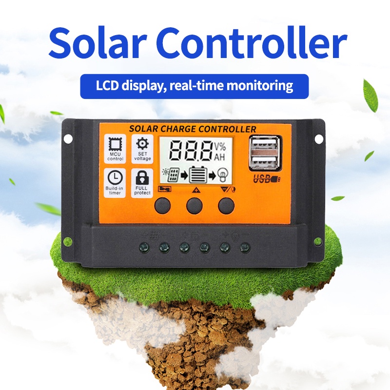 Solar Charger Controller 12V/24V Auto PWM Controllers LCD Display Dual USB Output