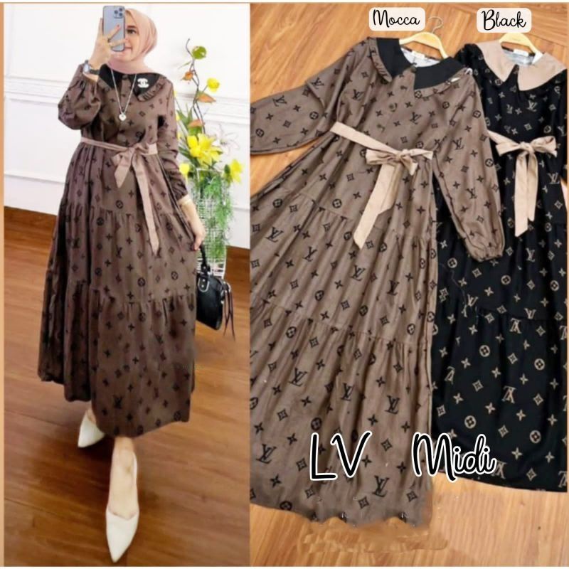 LV MIDI DRESS KATUN RAYON MOTIF KEKINIAN / GAMIS BUSUI / GAMIS REMPEL SUSUN / BUSANA MUSLIM TERBARU 