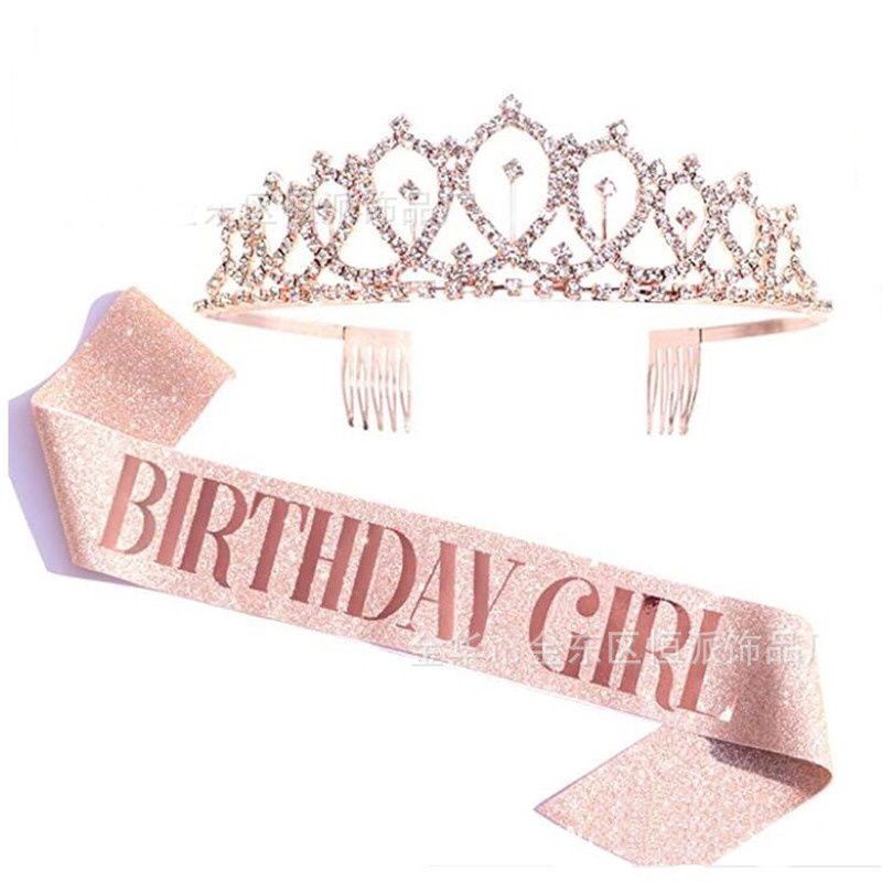 POTO PRODUCT ORI SET MAHKOTA CRYSTAL PREMIUM KRISTAL BLINK DAN SASH BIRTHDAY GIRL / QUEEN ROSE GOLD AKSESORIS ULTAH