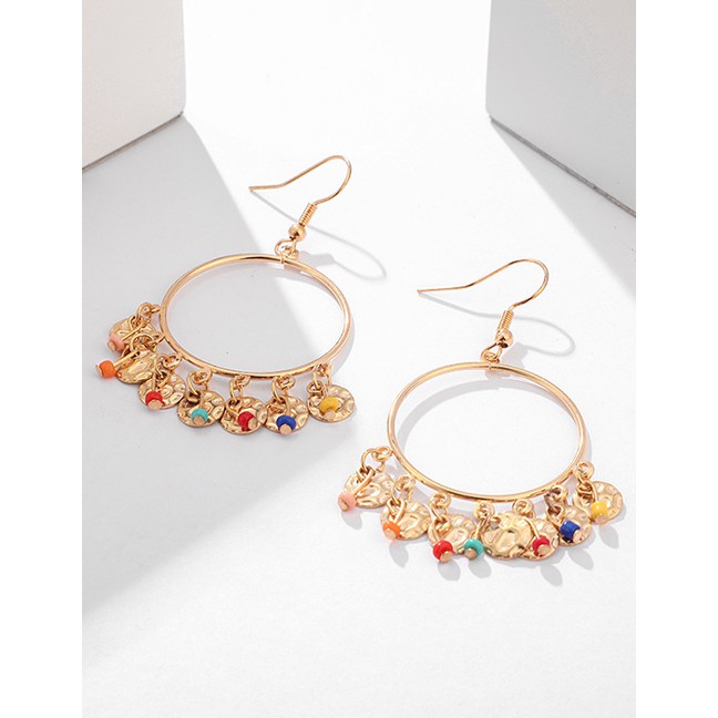 LRC Anting Gantung Fashion Color Geometric Alloy Round Wafer Beads Tassel Earrings F94582