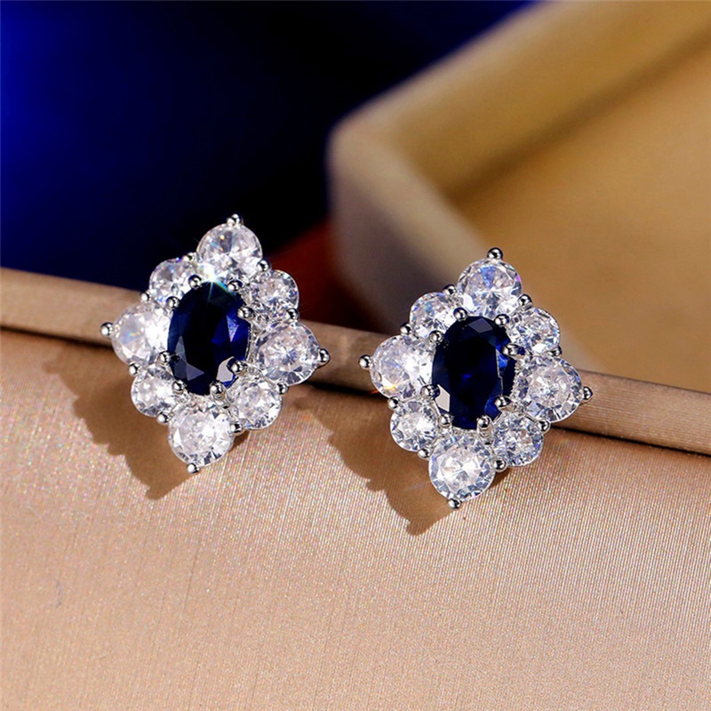 Anting Stud Cubic Zirconia Bentuk Oval Warna Biru Untuk Wanita