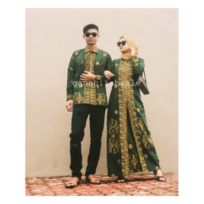 Couple Batik Songket Palembang Hijau Model Gamis Jubah Mewah