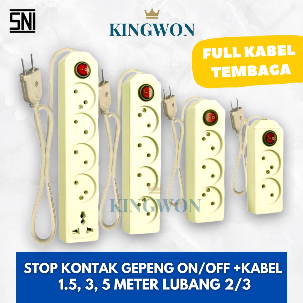 STOP KONTAK KABEL 2/3/4/5 LUBANG 1,5M/3M/5M STOP KONTAK GEPENG SNI  SPESIFIKASI :  * Full Kabel Tembaga * Kapasitas : 10 Ampere / 250 Volt. * Ber-SNI (Standar Nasional Indonesia) * Saklar : On/Off Indikator.  sebelum di kirim sudah di pastikan nyala dan b