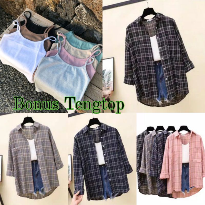 Kemeja Flannel Wanita Lengan Panjang/Kemeja Wanita Kotak/Kemeja Wanita Kekinian Nyaman Dipakai Hitam