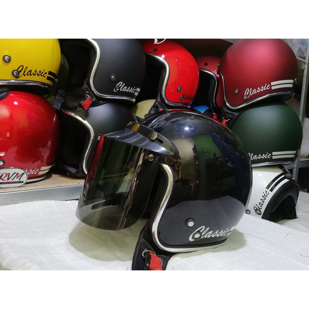 HELM BOGO CLASSIC LIST CHROME HITAM KACA DATAR SMOKE