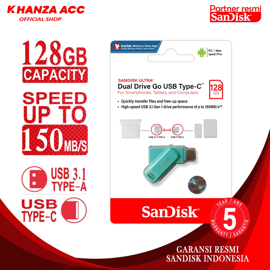 KHANZAACC Sandisk Ultra Dual Drive Go OTG 32GB 64GB 128GB 256GB USB Type-C USb 3.1