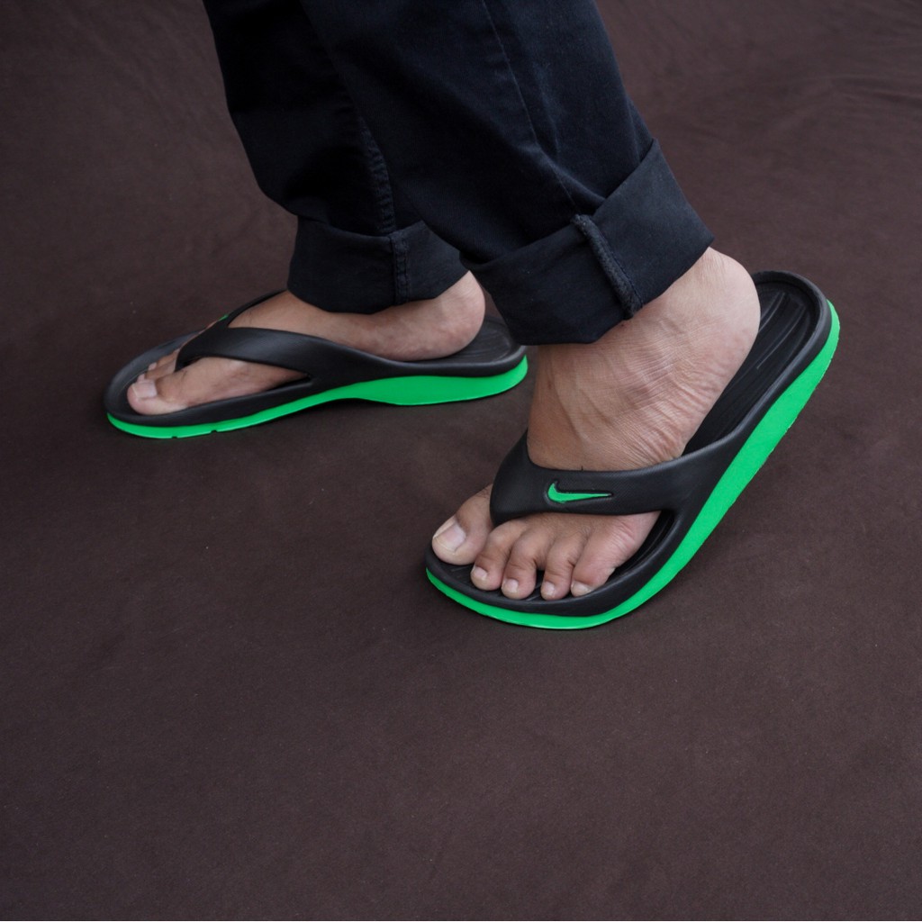 PROMO - Sandal Karet Jepit Kasual Santai Pria Nike Duramo Hitam List Hijau - COD - Bayar Di Tempat