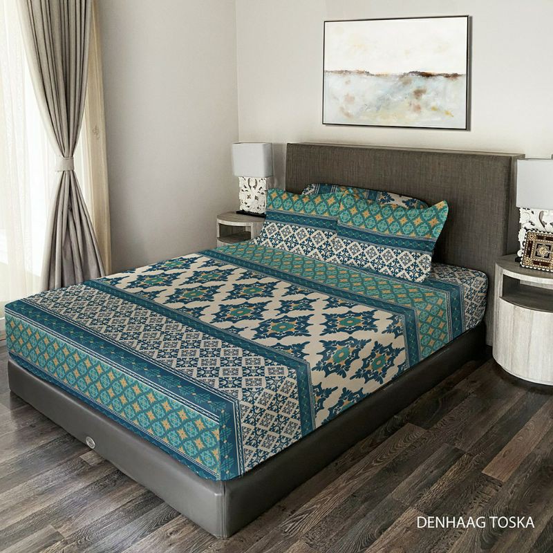 King Rabbit Sprei Single & Sarung Bantal Guling Motif Bambu Denhaag Toska