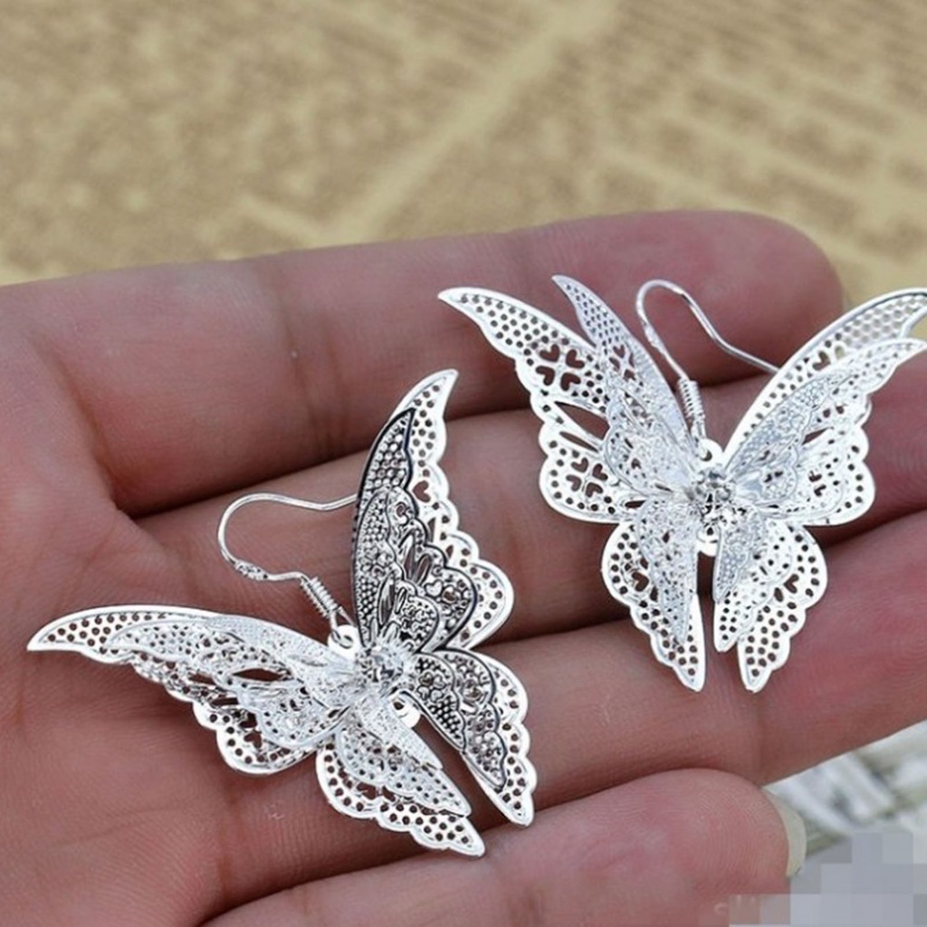 Hu Hu Hu Hu Hu Alat Bantu Pasang Kacamata♡ Set Kalung Rantai + Anting Kait Gantung Wanita Desain Kupu-Kupu Hollow Out Gaya Vintage