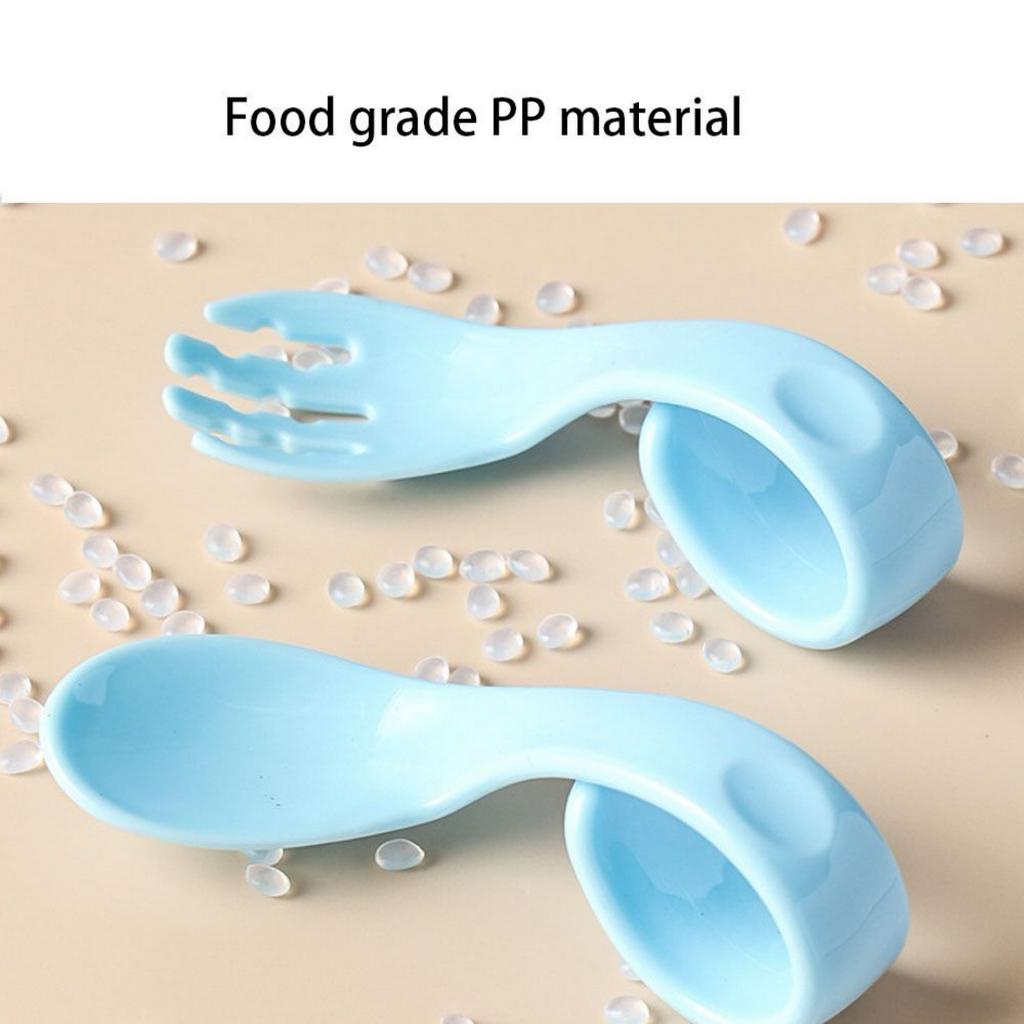 Sendok Garpu Training Set Makan Bayi Melengkung Lekuk Lengkung / Baby Spoon Fork Set MPASI Gagang Bulat Bahan Plastik Warna Pink Biru