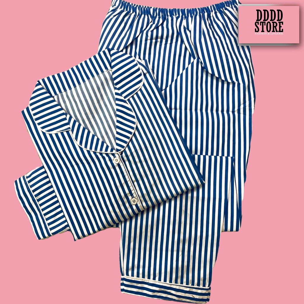 SETELAN PIYAMA / BAJU TIDUR WANITA LENGAN PANJANG MOTIF SALUR KEKINIAN PP