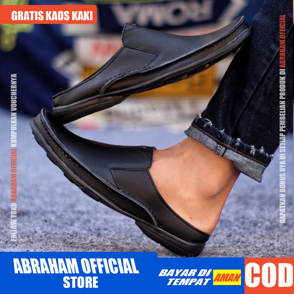 ABRAHAM Sandal Slide Hitam Selop Kulit Pria Sendal Pria