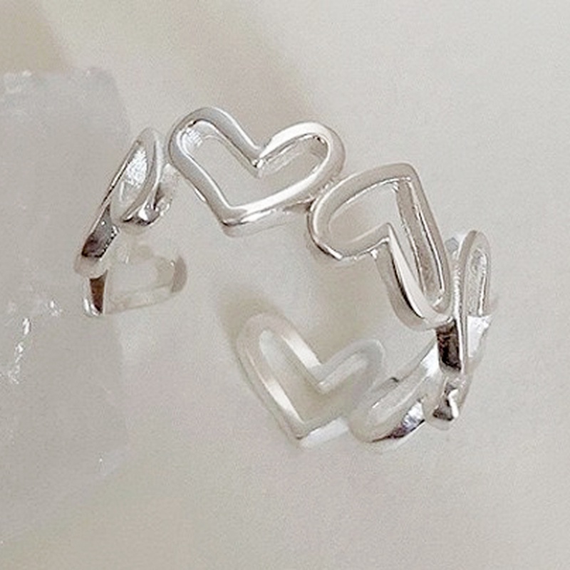 2pcs / Set Cincin Bentuk Hati Model Terbuka Warna Silver Dapat Disesuaikan Untuk Wanita