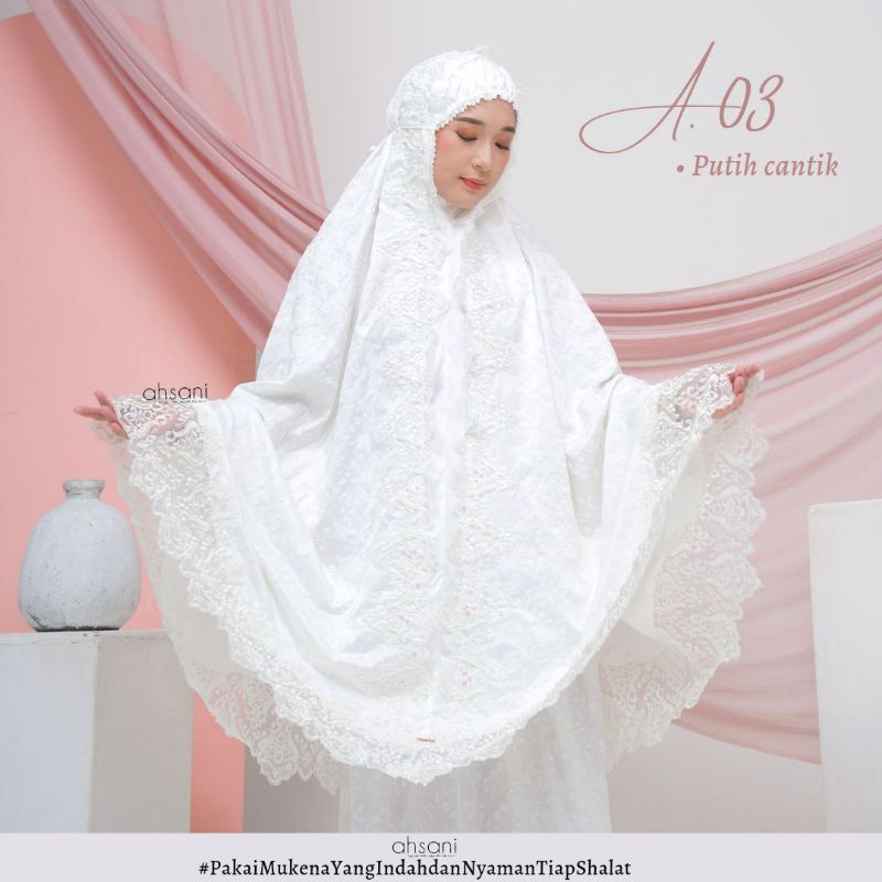 Mukena AHSANI A03 Rukuh Dewasa Jumbo Sutra Ori Full Bordir Renda Tile payet Mutiara Putih Mewah Prem