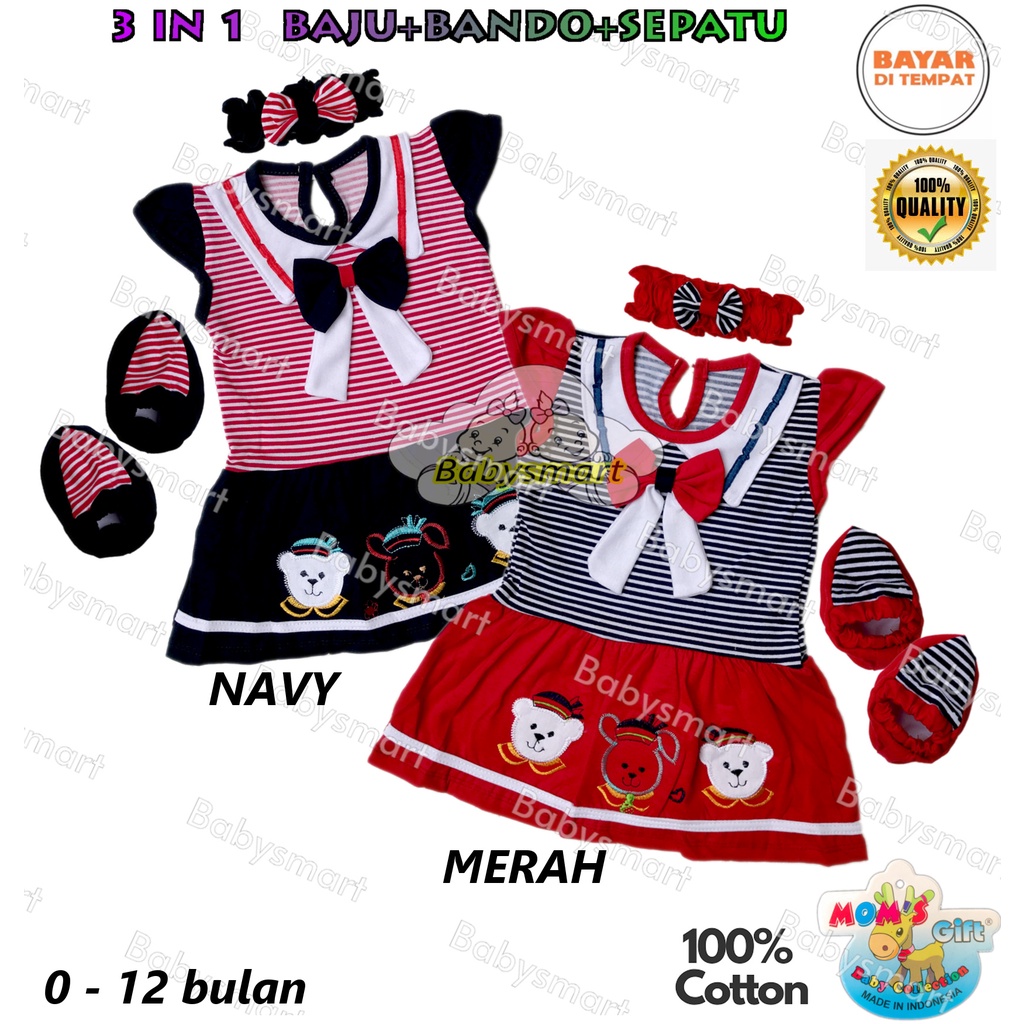 Babysmart - Baju bayi/Anak Perempuan Dress+Bando+Sepatu motif SAILOR 1038 Mom's Gift SNI usia 0 -12 bulan / Pakaian anak