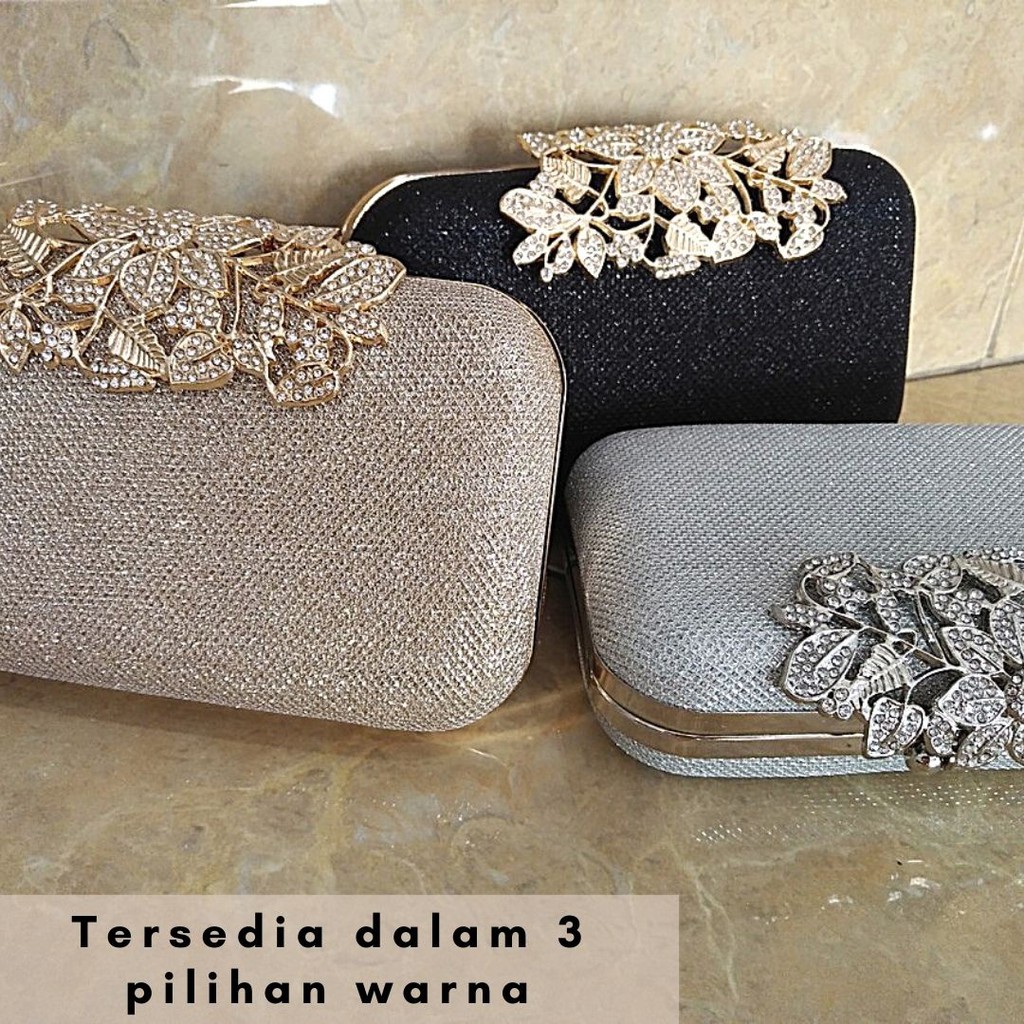 Tas  Pesta Kristal Bunga Import Mewah Kondangan Murah Elegan Gold Hitam Wisuda Gold Hitam 705578 KLIKSISTA