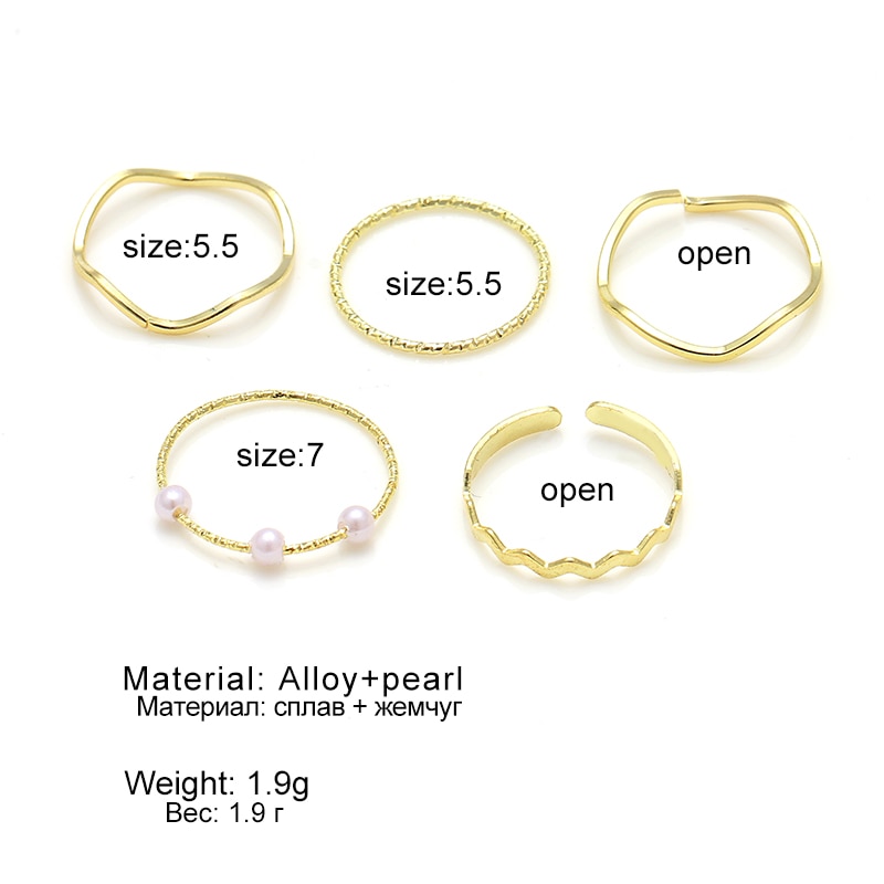 5pcs / Set Cincin Mutiara Bentuk Bulat Geometris Warna Emas Gaya Minimalis Untuk Wanita