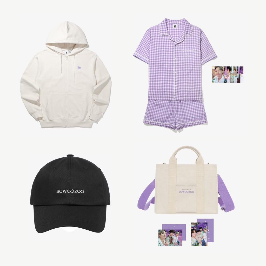 [PO] BTS: 2021 MUSTER SOWOOZOO MERCH - Zip-Up Hoodie Ivory/Pajama Set Purple/Mini Bag Ivory/Ball Cap